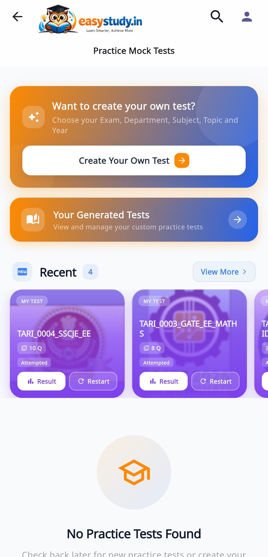 EasyStudy Mock Test - Create Your Own Test and View Recent Practice Tests